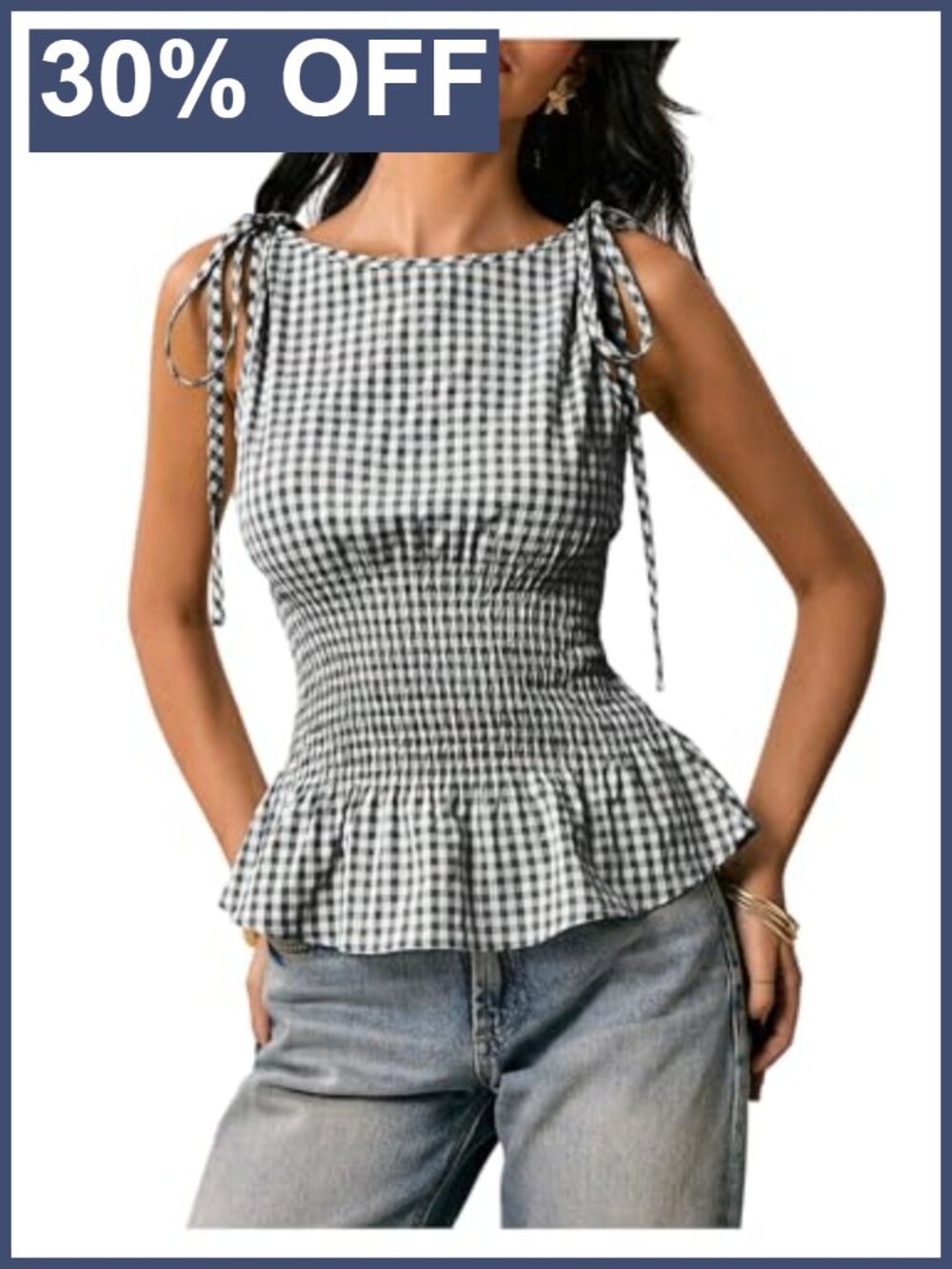 Gingham Peplum Sleeveless Tie Shoulder Tank Top Women's Summer Blouse